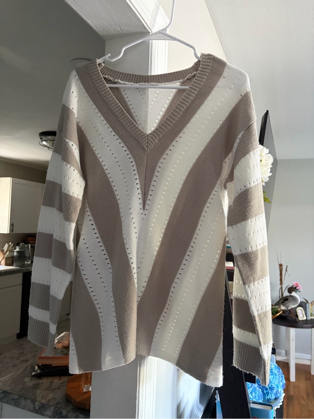 Relaxed V-Neck Striped Sweater in Taupe and Cream
